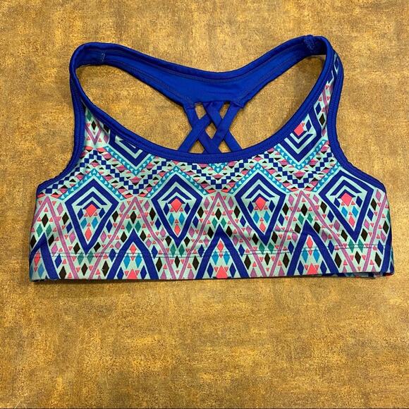Justice Girls’ Racerback Sports Bra Size 28 (Band) Blue Multicolor Geometric - Picture 1 of 6